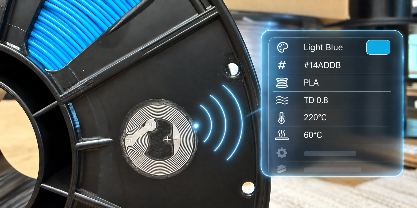 A filament spool's NFC tag sharing its material, color, and recommended print settings